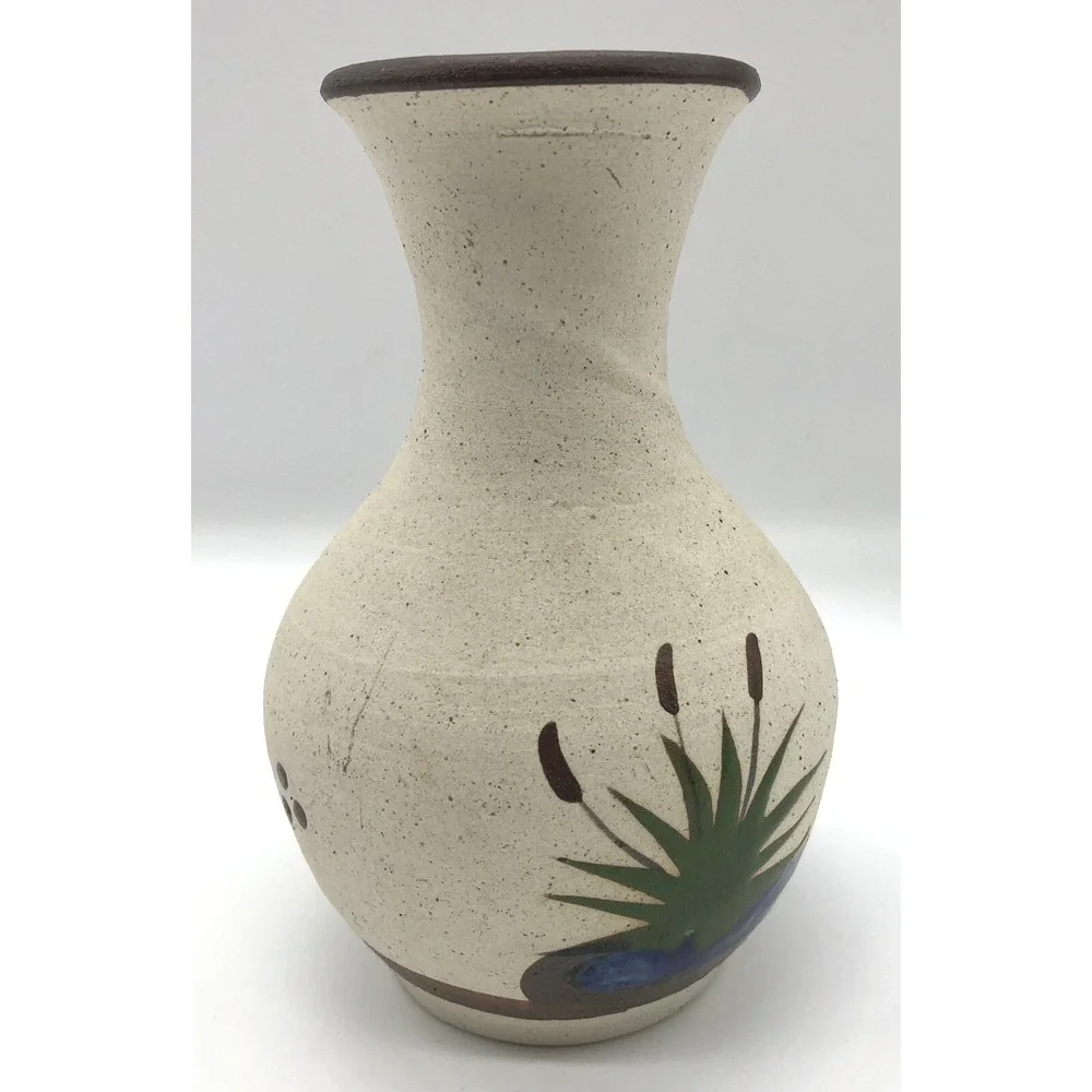 Vintage Tonala Mexico Vase Art Pottery Swans Cattails Water Sandstone‎ 5